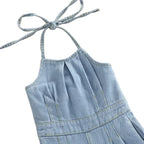 Girls Blue Denim Jumpsuit - Halter Neck Sleeveless Playsuit (1-6Y)