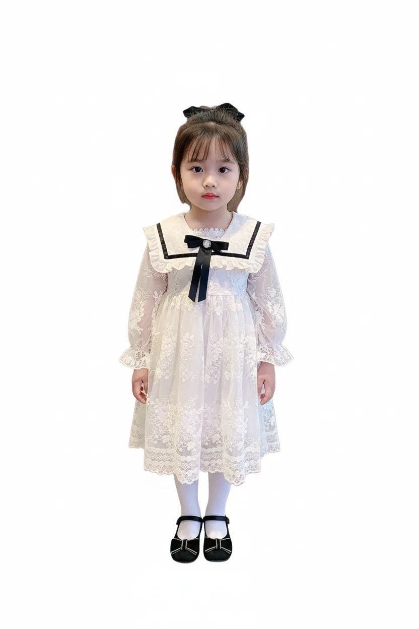 Girls' Sailor Collar Princess Dress - Chiffon Bow Party Dress Ages 4-6