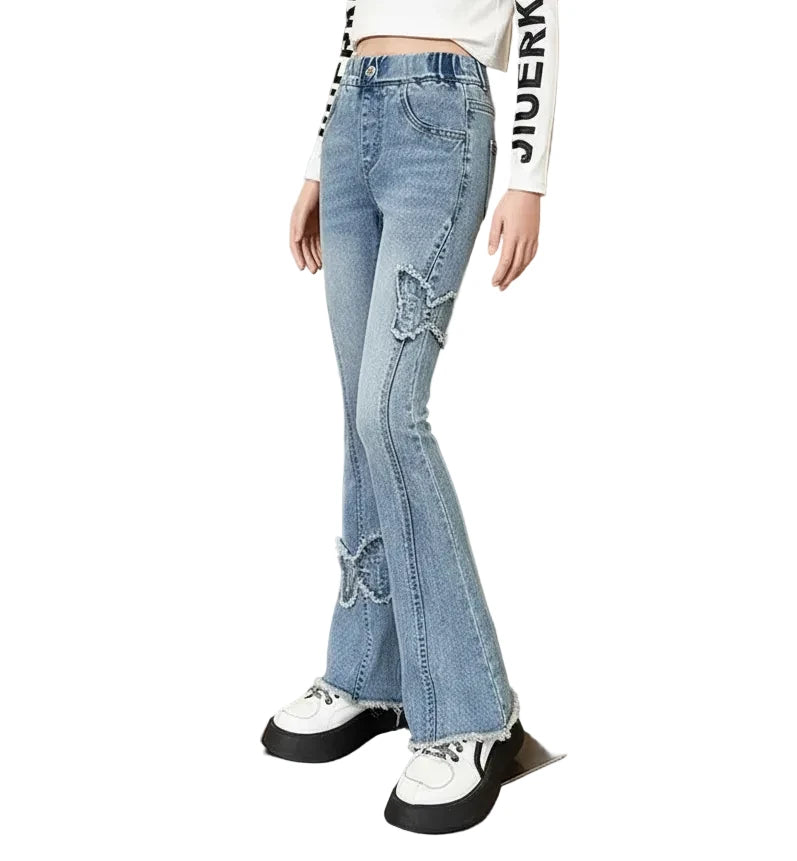 Girls' Butterfly Flare Jeans - Vintage Denim Bootcut Pants Ages 7-13