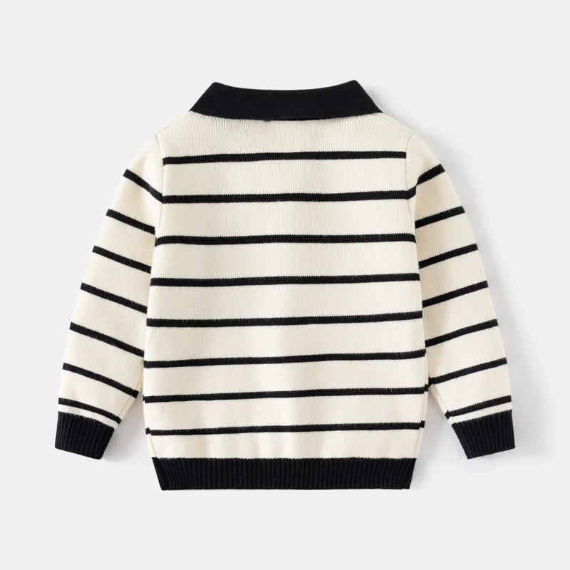 Striped Embroidery Bear Sweater Button Pullover - Kidnor