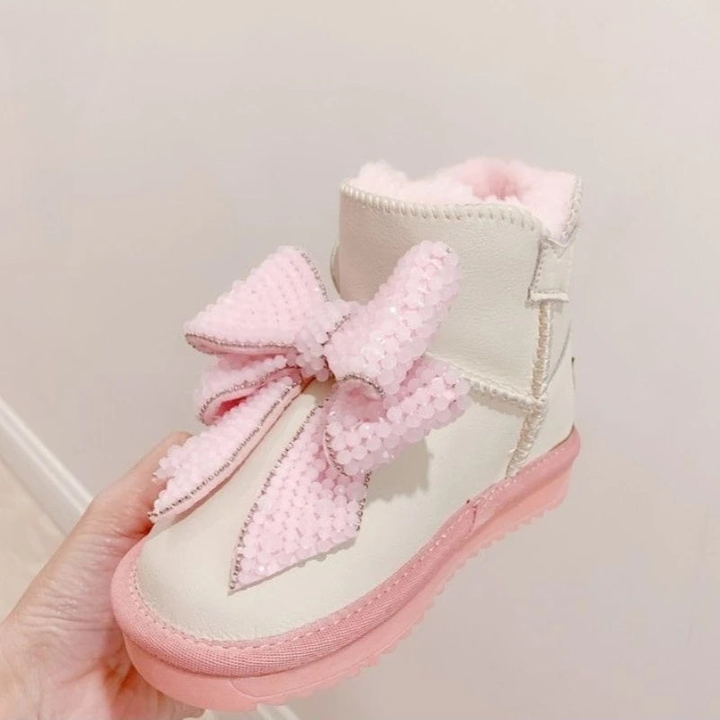 Girls Thermal Snow Boots Winter 2026 Pink Bow Crystal Ankle Boots Non Slip Warm