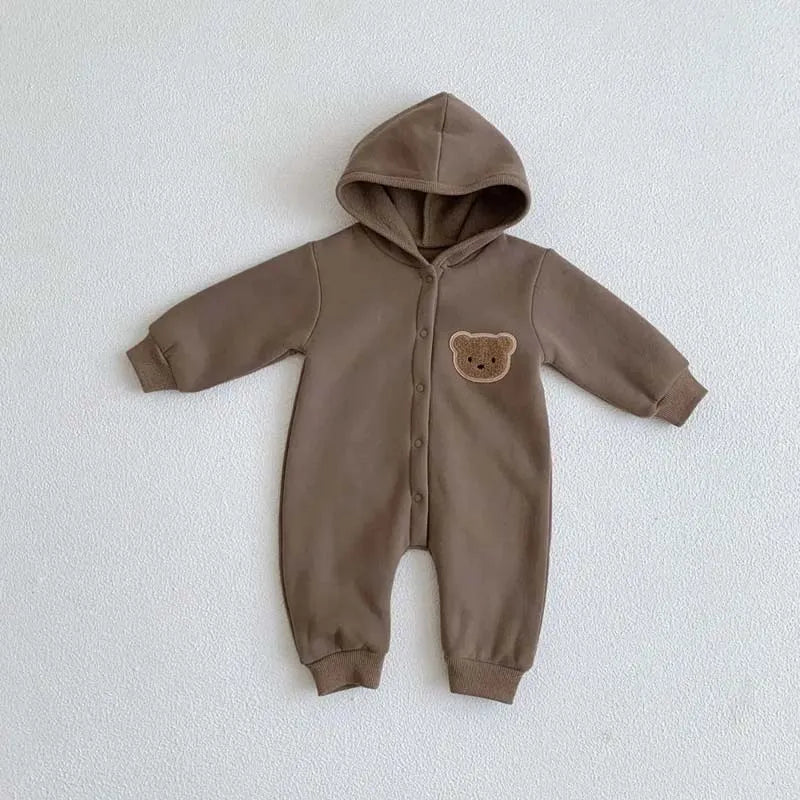Baby Bear Hooded Romper - Warm Cotton Winter Bodysuit Ages 0-24M