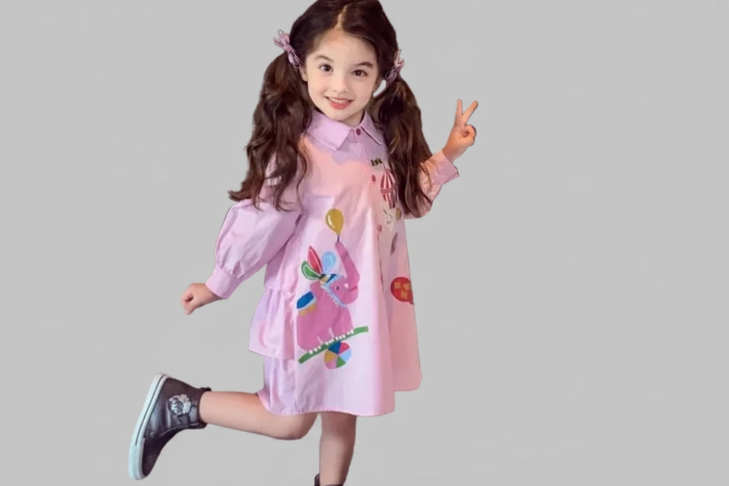 Girls Cartoon Shirt with Back Bow -Fashion Spring dress
