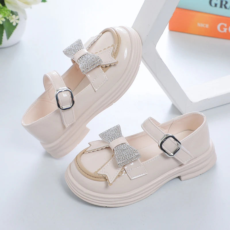 Girls Princess Mary Janes with Rhinestones & Bow - Leather Party Shoes