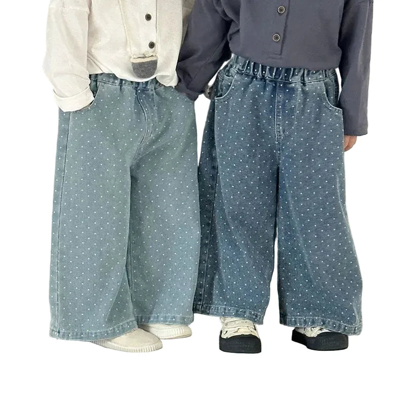 Kids Polka Dot Wide Leg Jeans - Loose Straight Pants