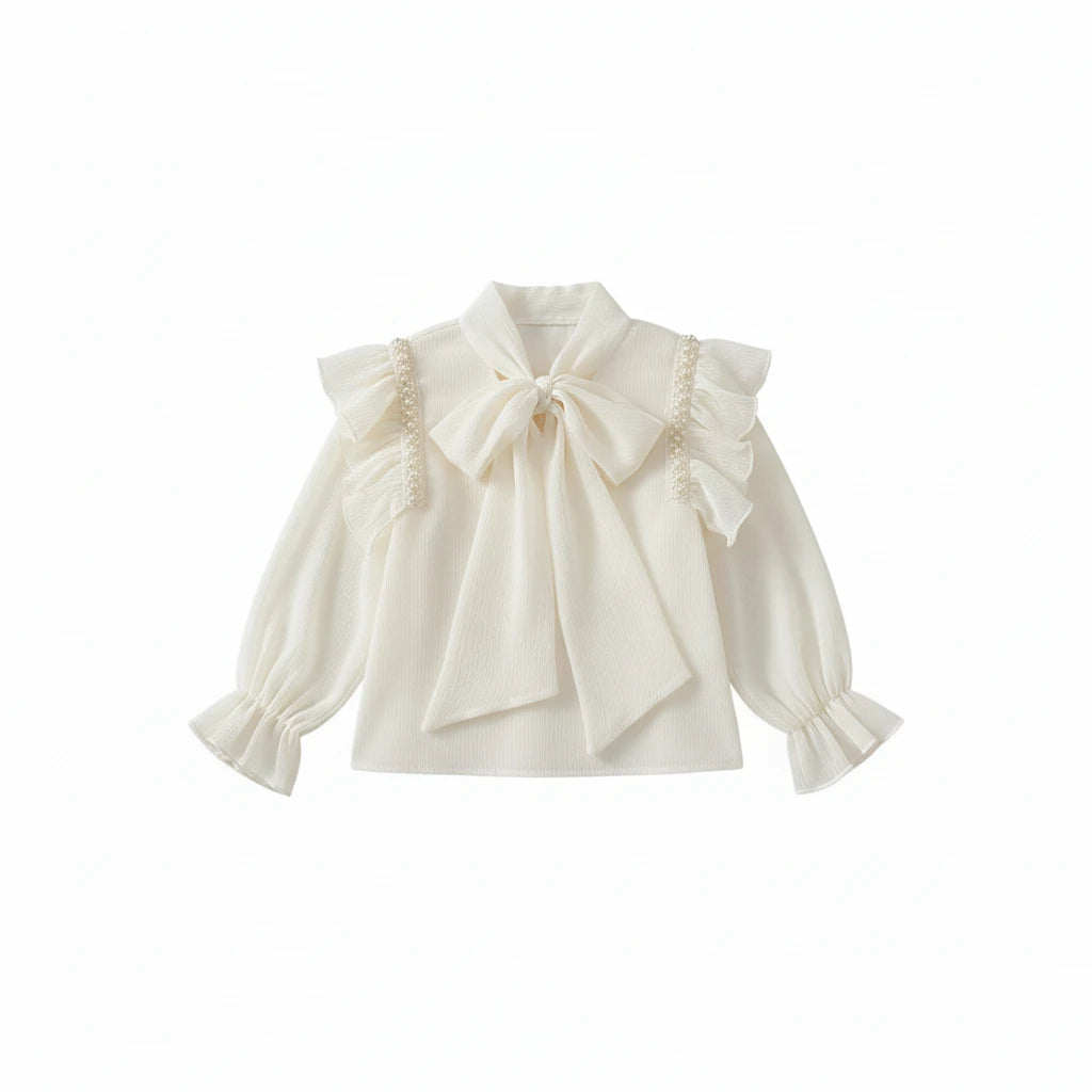 Girls' Beaded Bow Blouse - Flared Sleeve Shirt Ages 3-6