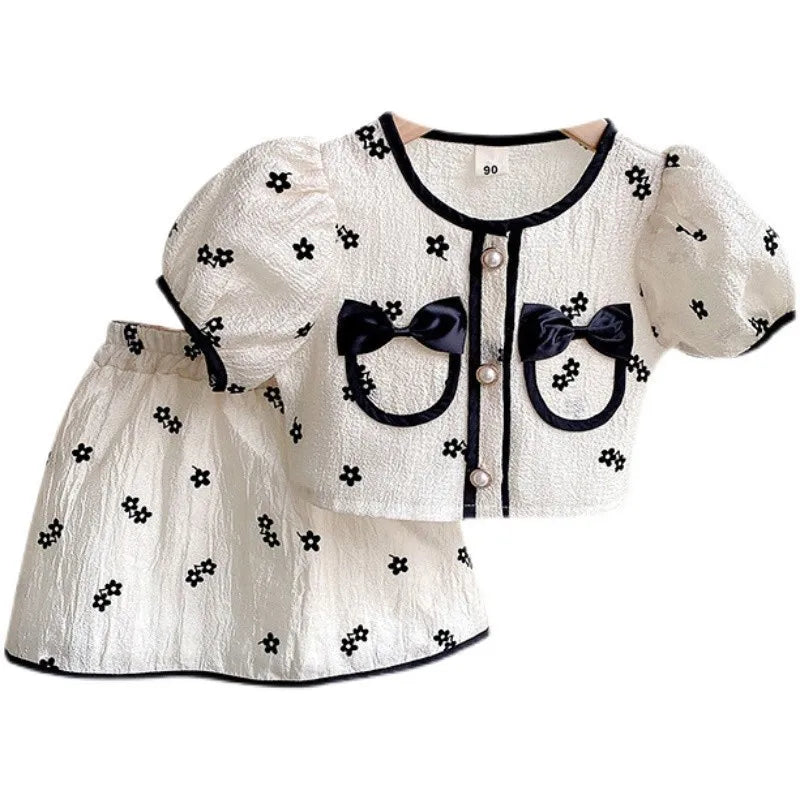 Summer Short Sleeve Shirt Top & Floral Skirt 2PCS Set