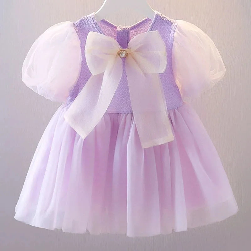 Baby Girl Mesh Dress with Bow - Short Sleeve Summer Birthday Dress