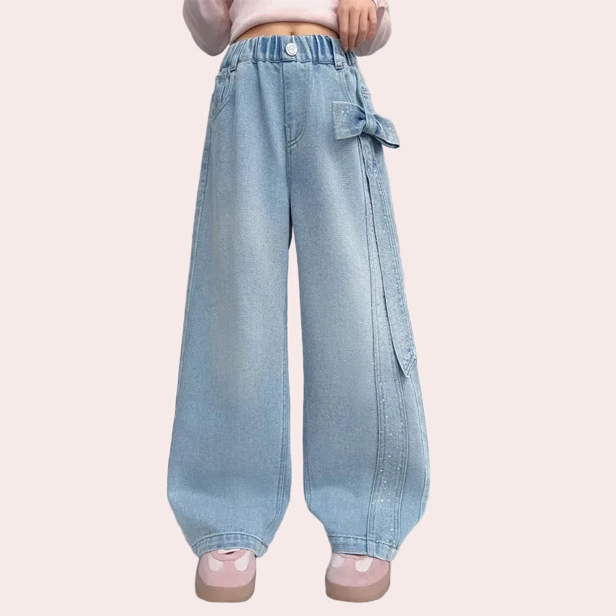 Modische Kinder-Jeans im Streetstyle mit geradem Bein und großer Schleife an der Seite, Strass-Jeans für Mädchen, Schleifenhose