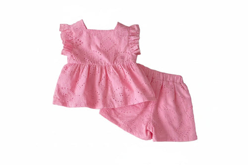 Baby Girls Pink Cotton Top & Shorts Set - Flutter Sleeve Summer Outfit