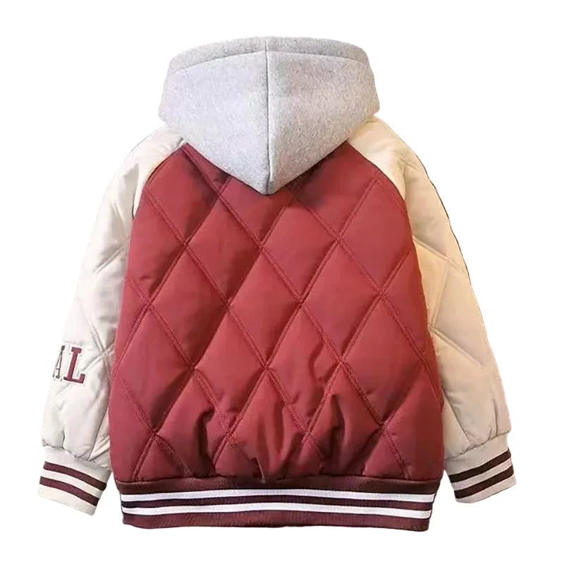Boys' Hooded Baseball Jacket - Thick Cotton Winter Coat with Letter Print