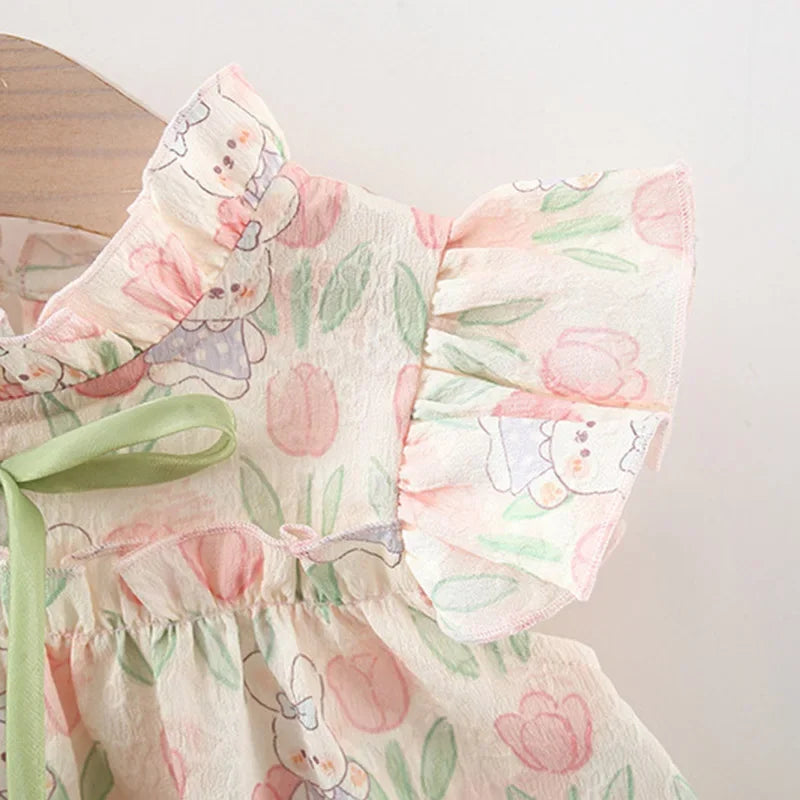Tulip Rabbit Print Dress with Bow - Kidnor