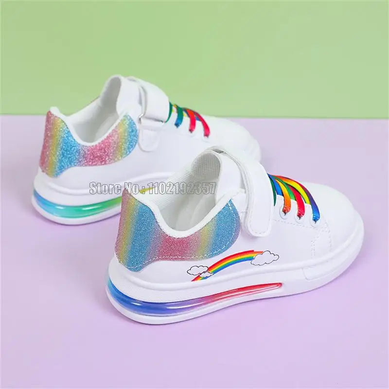 Girls' Rainbow Air Cushion Sneakers - PU Leather Casual Shoes Ages 2-12