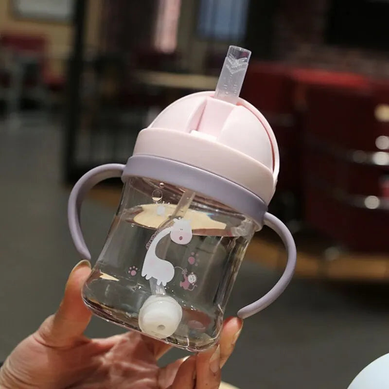250ml Baby Drinking Cup & Feeding Bottle with Pink Straw Gravity Ball Wide Caliber Handle for Milk & Water