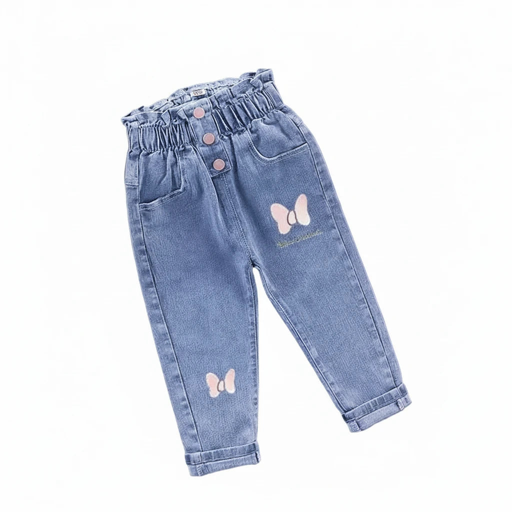 Girls' Cat Print High Waist Jeans - Elastic Waist Denim Pants Ages 1-6
