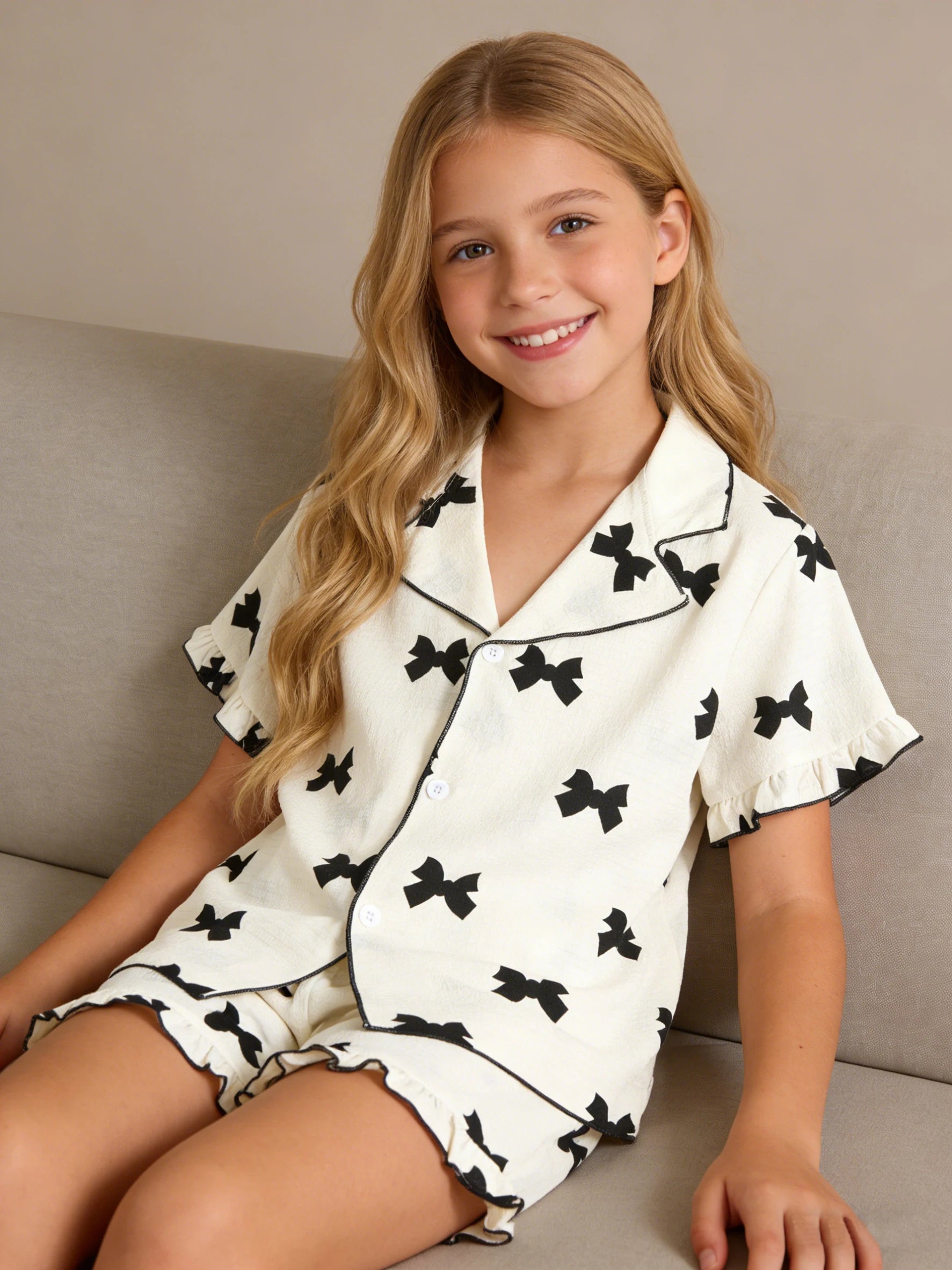 Girls' Summer Bow-Tie Pajama Set - Button Cardigan Top & Shorts