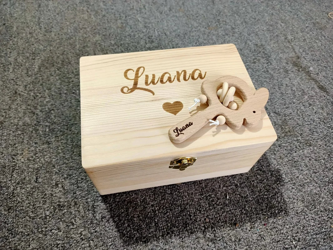 Personalized Baby Gift Box, Wooden Rattle Newborn Gift, Custom Wood Keepsake Box, Baby Teething Gift New Mom Gift Pacifier