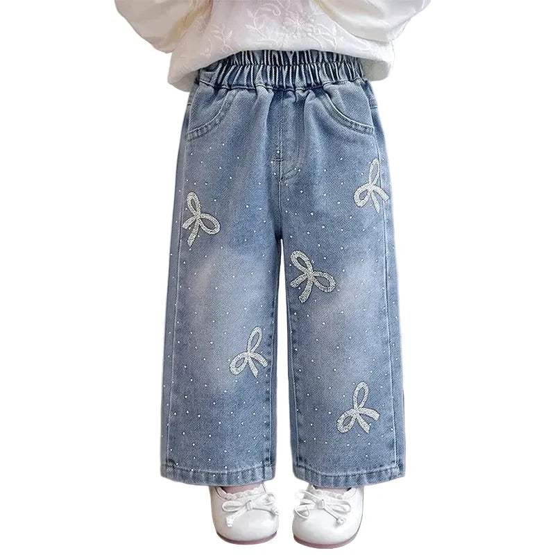 Girls' Korean Style Wide Leg Jeans - Soft Washed Denim Pants