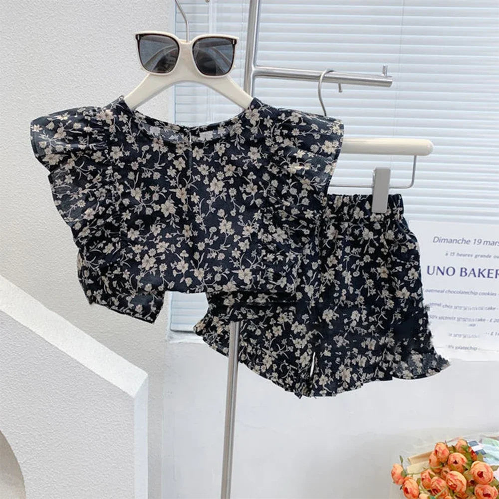 Bear Leader Girls Clothing Sets 2025 Summer Kids Clothes Floral Chiffon Halter+Embroidered Shorts Straw Children Clothing