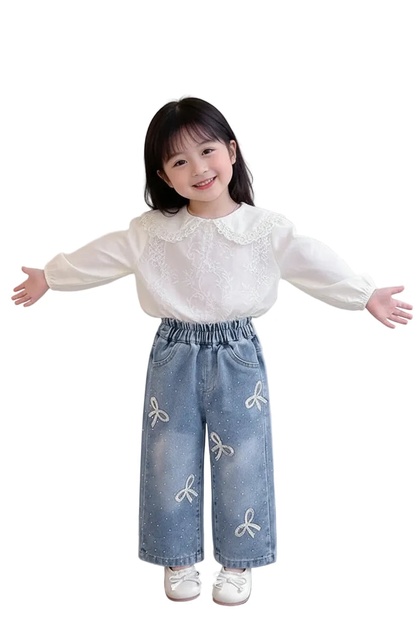 Girls' Korean Style Wide Leg Jeans - Soft Washed Denim Pants
