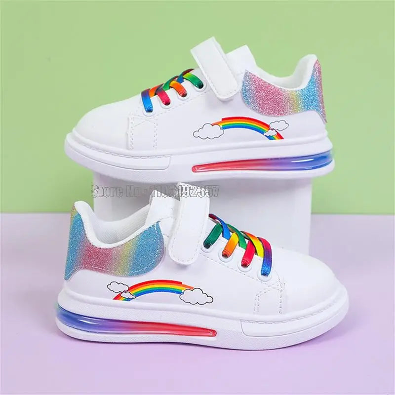 Girls' Rainbow Air Cushion Sneakers - PU Leather Casual Shoes Ages 2-12
