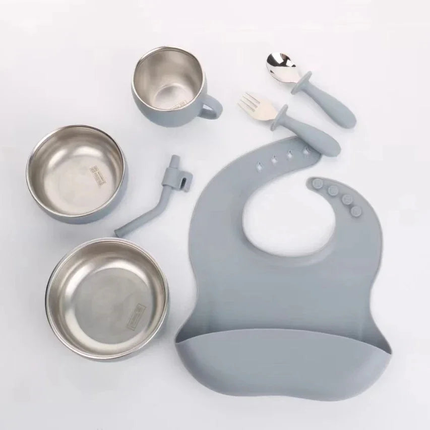 Silicone Baby Feeding Set Tableware Baby Food Dish Fork Spoon Suction Bowl Divided Plate Bib Cup Baby Led Weaning Supplies