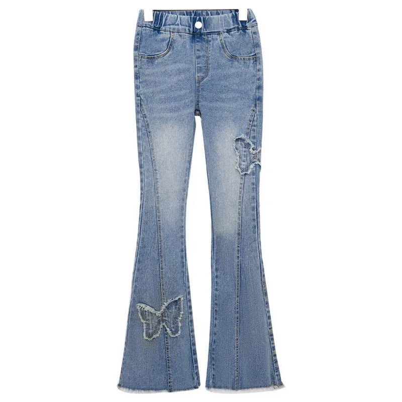 Girls' Butterfly Flare Jeans - Vintage Denim Bootcut Pants Ages 7-13