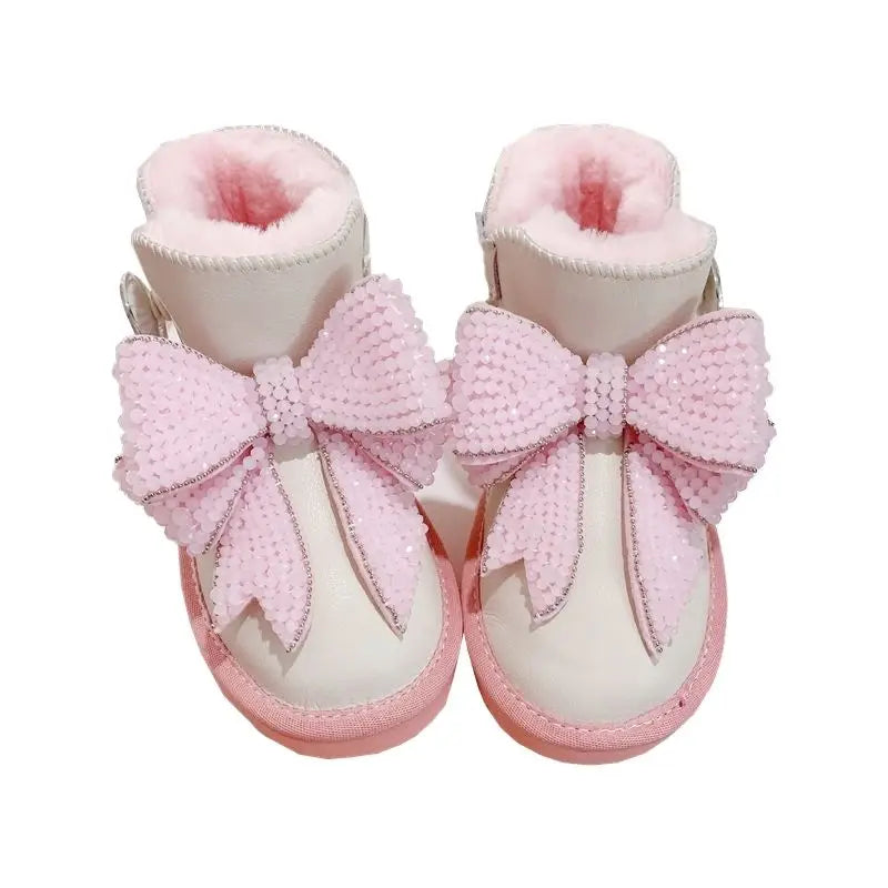 Girls Thermal Snow Boots Winter 2026 Pink Bow Crystal Ankle Boots Non Slip Warm