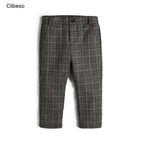 Boys Grey Plaid Pants - Cotton Casual Long Trousers (7-14 Years)