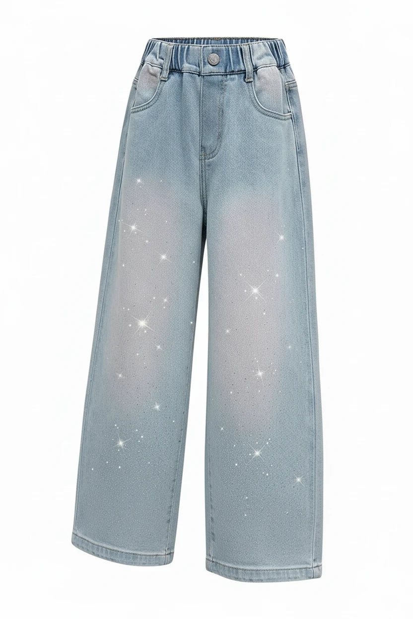 Girls Gradient Wide Leg Jeans - Distressed Loose Fit Denim (4-14Y)