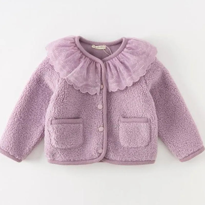 Baby Girls' Faux Fur Winter Coat - Lace Collar Warm Cardigan Jacket
