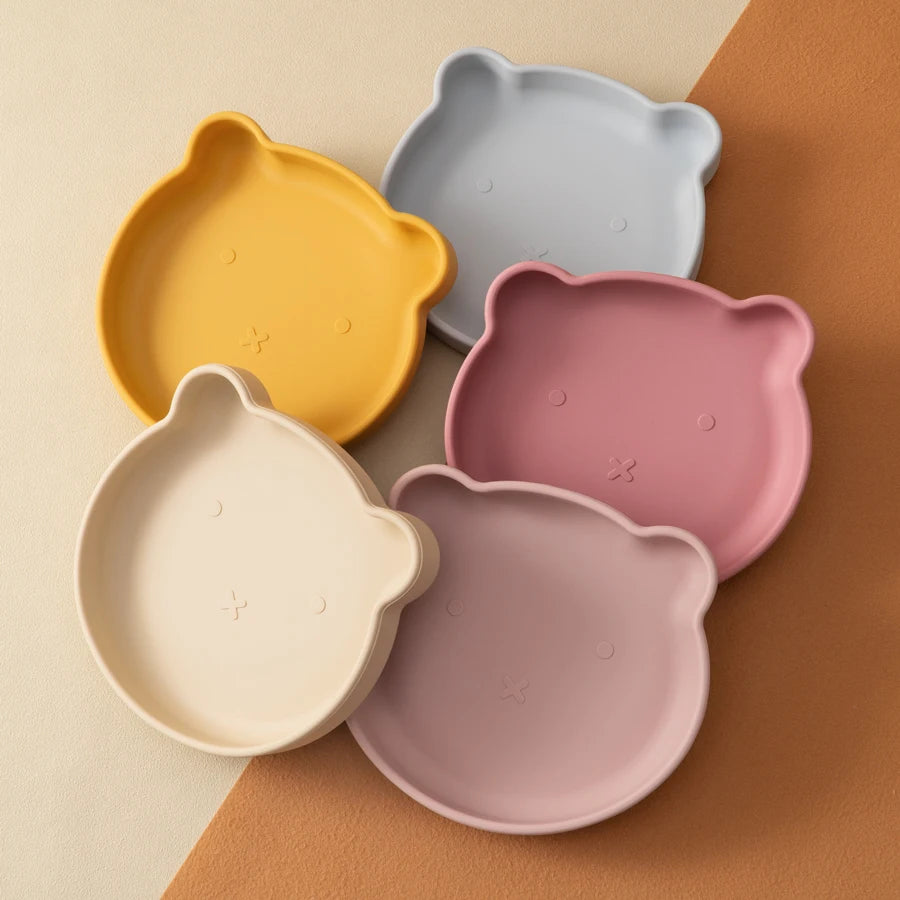 Mamaplan BPA Free Baby Silicone Dining Plate Suction Cartoon Bear Dishes Plate Toddler Feeding Sucker Bowl Training Tableware