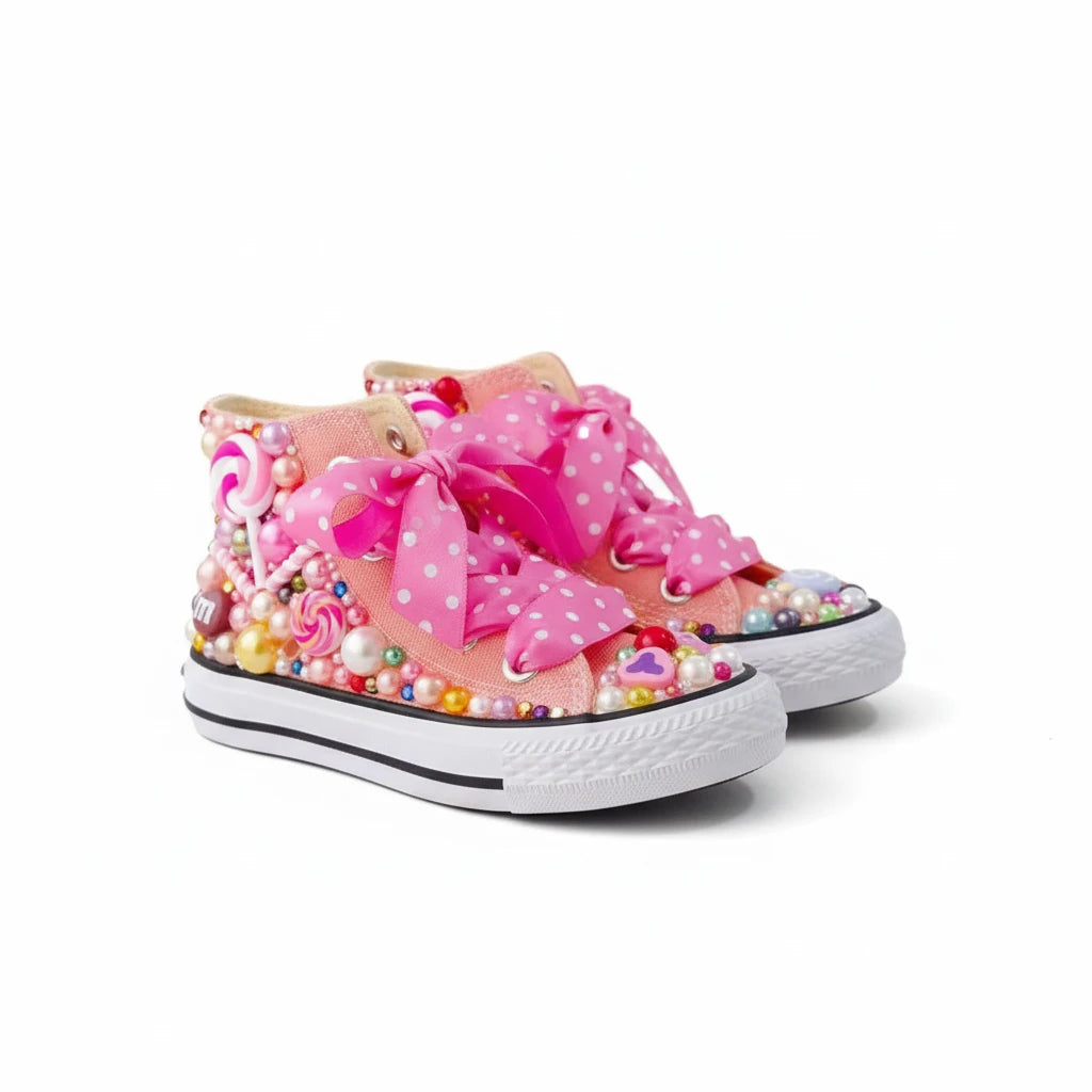 Girls' Rainbow Candy Bling Sneakers - Handmade Pearl Party Shoes