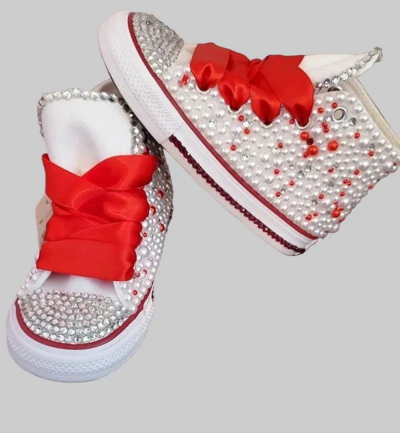 Girls' Rainbow Candy Bling Sneakers - Handmade Pearl Party Shoes