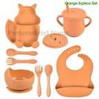 Personalized Name Silicone Tableware Set For Kids 8Pcs Baby Solid Feeding Set Squirrel Plate Dishes Sucker Bowl Bib Newborn Gift