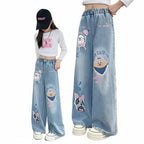 Girls' Cartoon Print Wide Leg Jeans - Fashion Denim Pants Ages 4-14