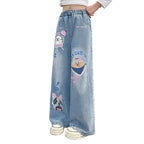 Girls' Cartoon Print Wide Leg Jeans - Fashion Denim Pants Ages 4-14