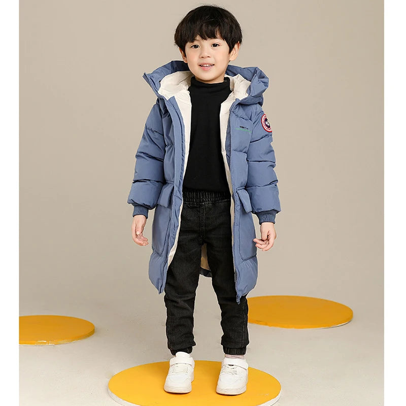Boys’ Autumn/Winter Jacket – Solid Color, Long Hooded Coat, Warm & Cozy