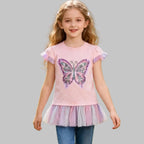 Girls Pink Flare Sleeve T Shirt Kids Sequined Colorful Butterfly Appliqued Ruffle Tees Kids Parties Casual Outings Cotton Tops