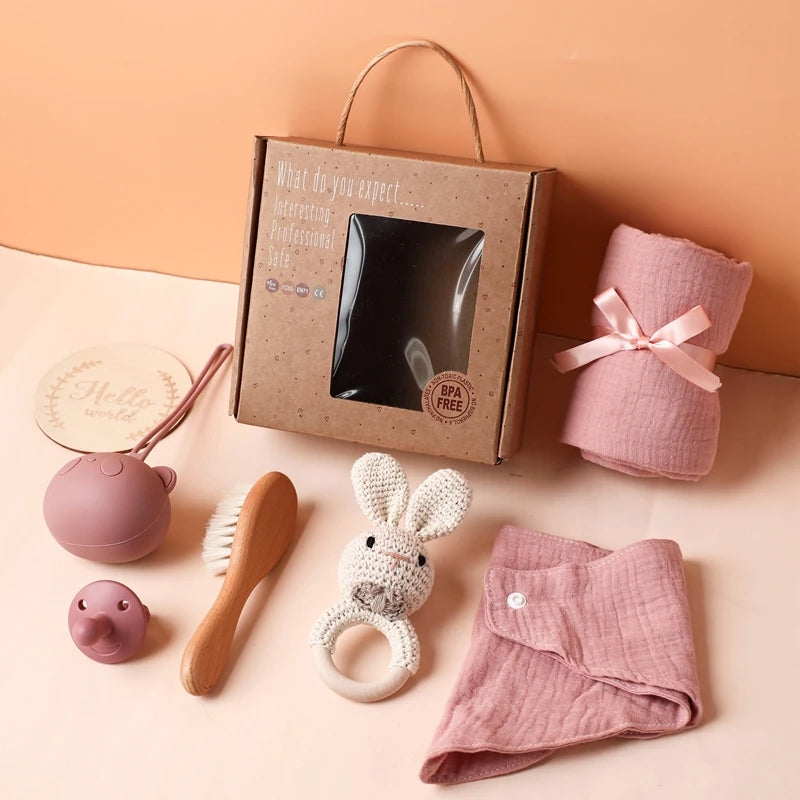 Baby Bathing Mouth Water Towel Pacifier Set Baby Full Moon Milestone Cards Wood Ring Rattle Bath Towel Wool Brush Birthday Gifts