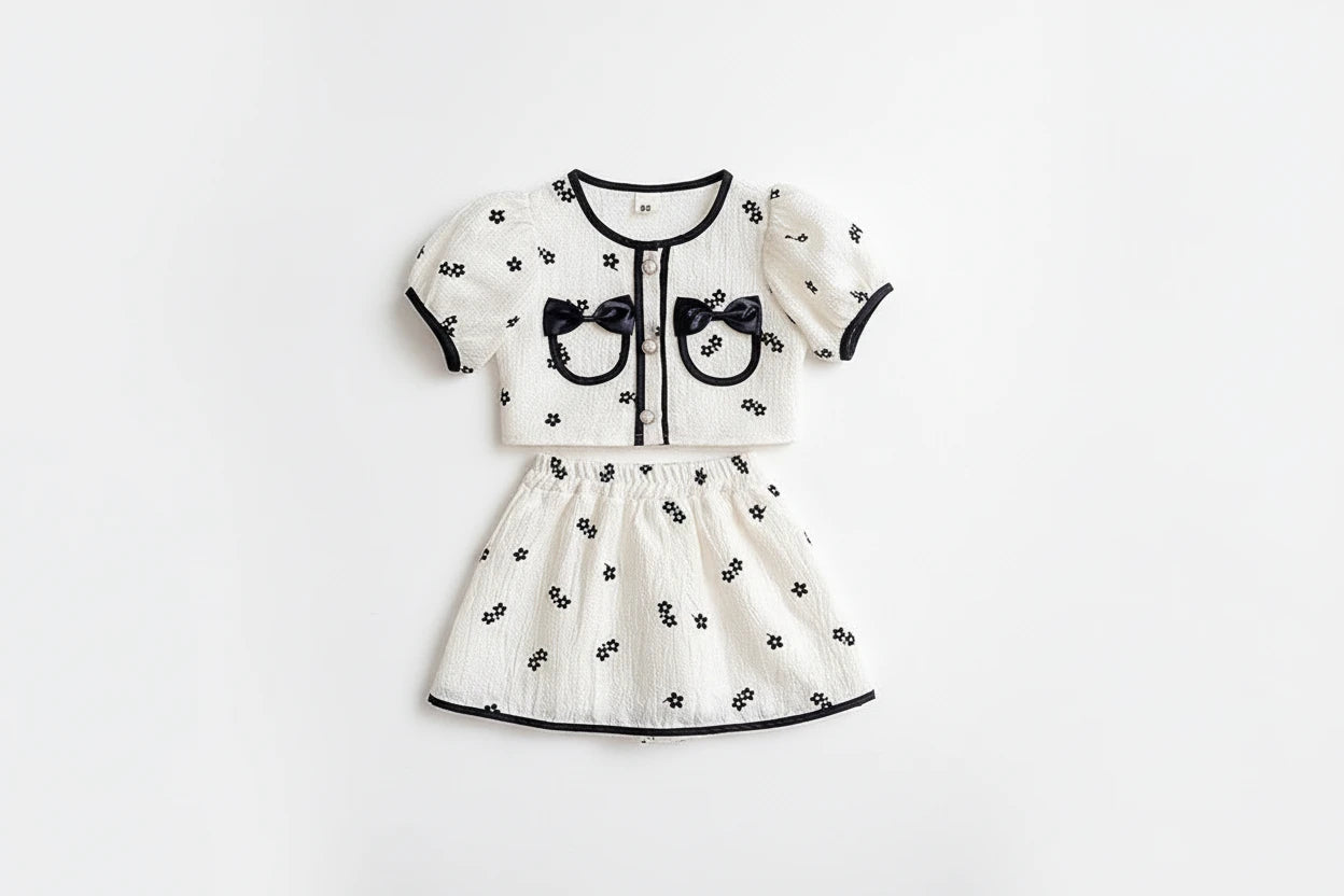 Summer Short Sleeve Shirt Top & Floral Skirt 2PCS Set