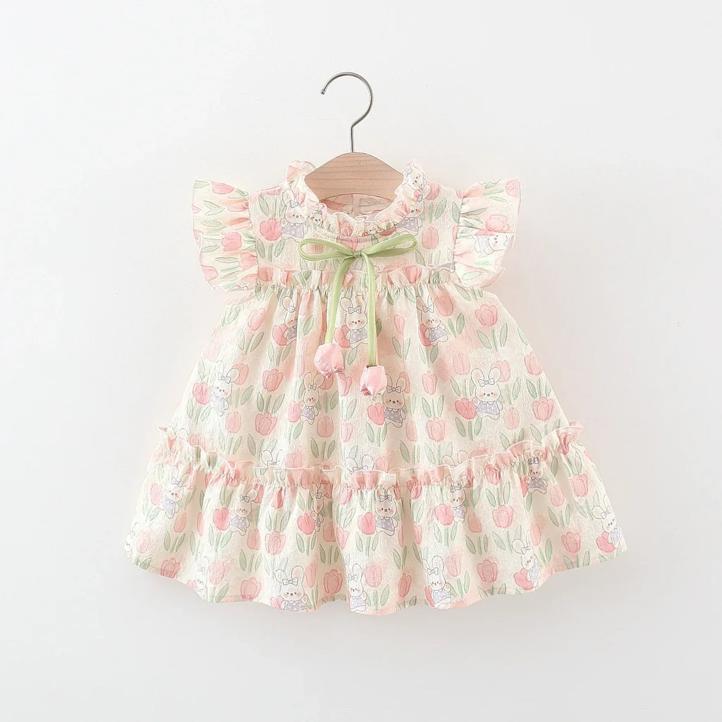 Tulip Rabbit Print Dress with Bow - Kidnor