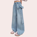Modische Kinder-Jeans im Streetstyle mit geradem Bein und großer Schleife an der Seite, Strass-Jeans für Mädchen, Schleifenhose