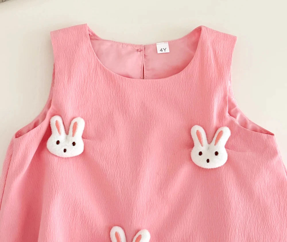 Girls' Rabbit Embellished Princess Dress - Sleeveless Summer A-Line Dress