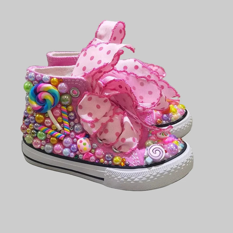 Girls' Rainbow Candy Bling Sneakers - Handmade Pearl Party Shoes
