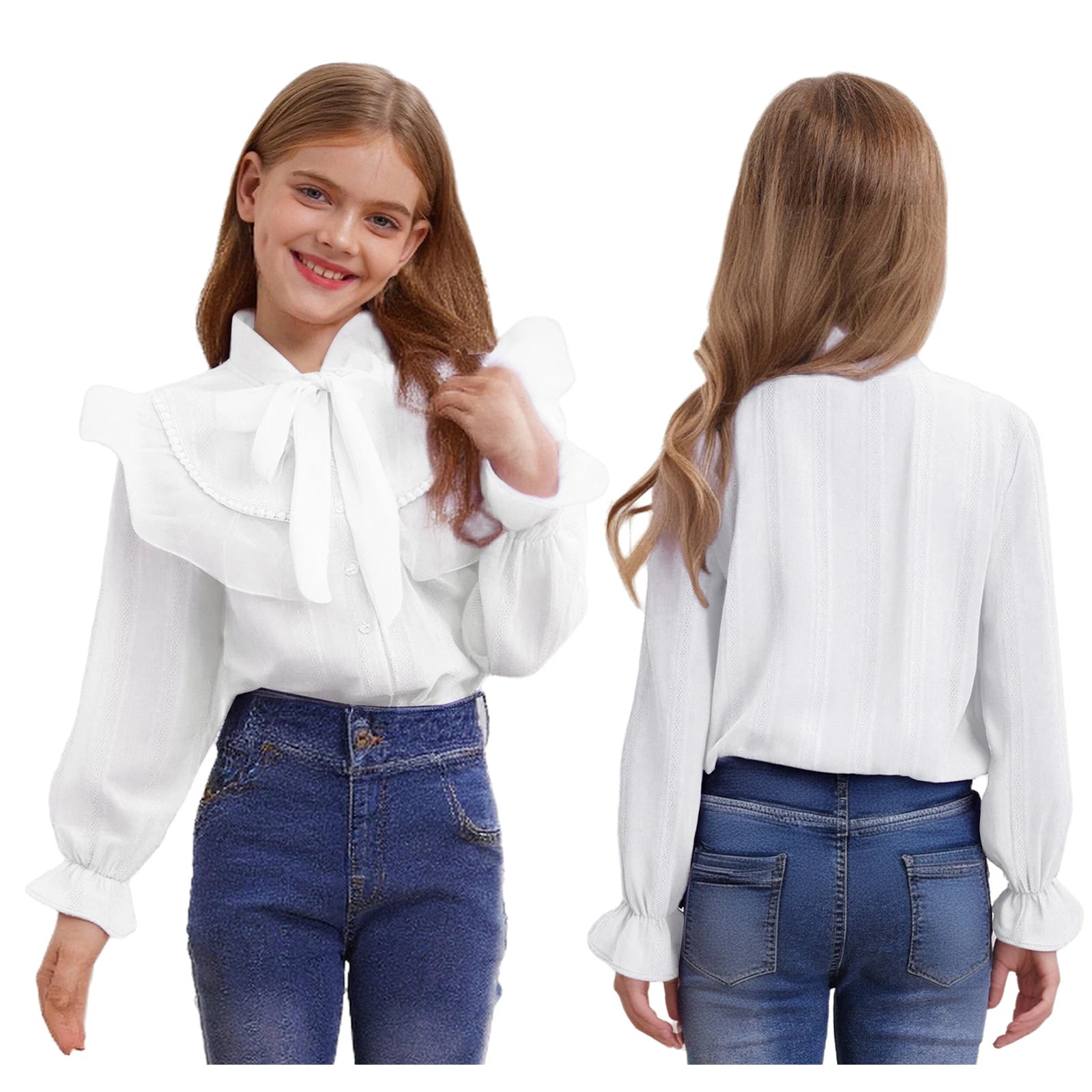 Girls' Korean Style Ruffle Collar Shirt - White Long Sleeve Top