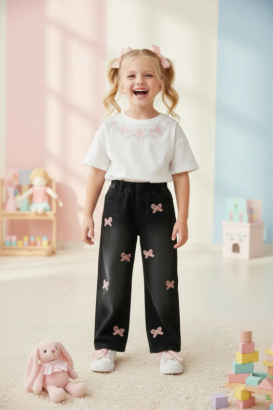 girls jeans casual wide-leg pants with pink bow 🎀