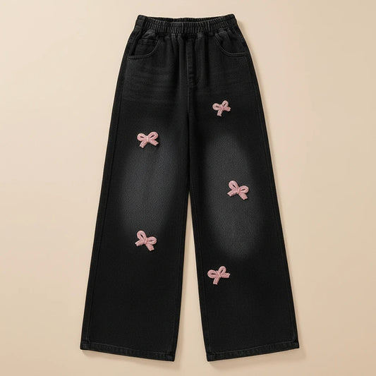 girls jeans casual wide-leg pants with pink bow 🎀