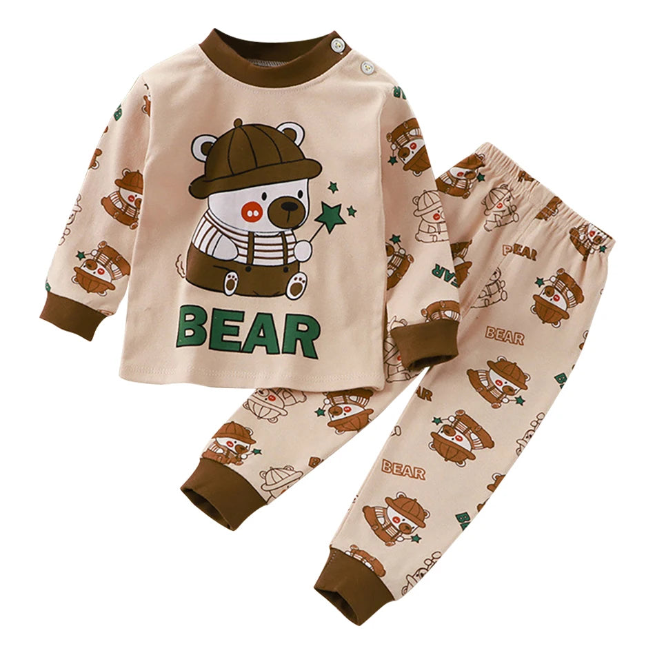 Kids Dino & Bear Cartoon Pajamas Set