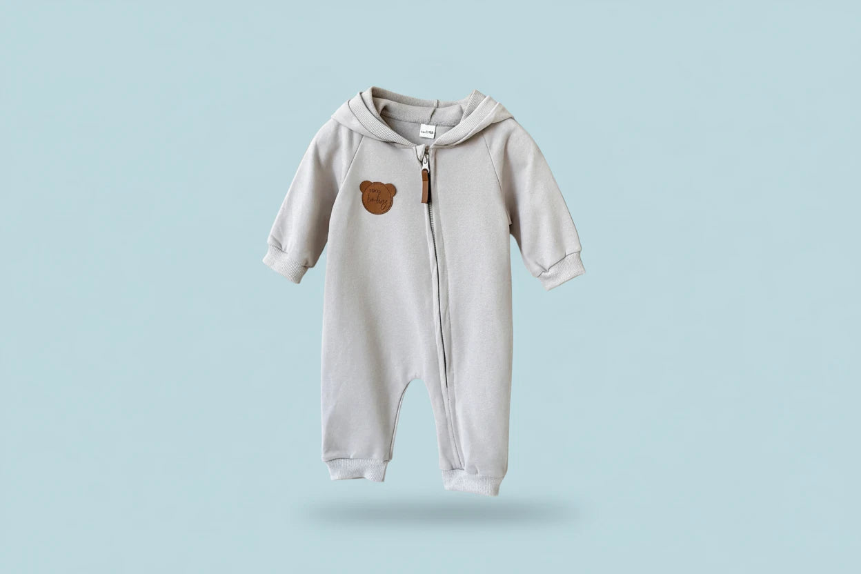 Baby Hooded Zipper Jumpsuit - Solid Color Autumn Bodysuit